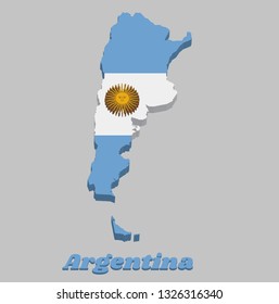 3D Map outline of Argentina, a horizontal triband of light blue (top and bottom) and white with the Sun of May centered on the white band with text Argentina.