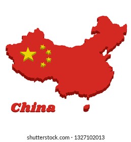3D Map outline of China, a large golden star within an arc of four smaller golden stars, in the canton, on a field of red. with text China.