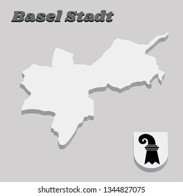 3D Map outline and Coat of arms of Basel-Stadt, The canton of Switzerland with name text Basel Stadt.