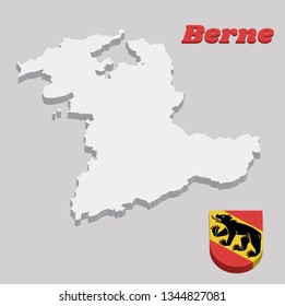 3D Map outline and Coat of arms of Bern, The canton of Switzerland with name text Berne.