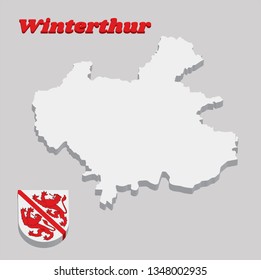 3D Map outline and Coat of arms of Winterthur, The city in the canton of Zurich in Switzerland with name text Winterthur.