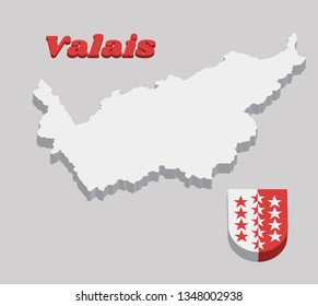 3D Map outline and Coat of arms of Wallis, The canton of Switzerland with name text Valais.