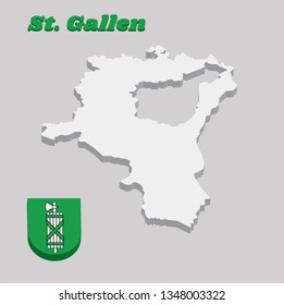 3D Map outline and Coat of arms of Sankt Gallen, The canton of Switzerland with name text St. Gallen.