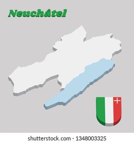 3D Map outline and Coat of arms of Neuchatel, The canton of Switzerland with name text Neuchatel.