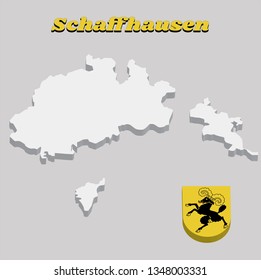 3D Map outline and Coat of arms of Shaffhausen, The canton of Switzerland with name text Shaffhausen.