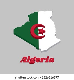 3D Map outline and flag of Algeria, it is consists of two equal vertical bars, green and white, charged in the center with a red star and crescent. with text Algeria.
