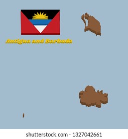 3D Map outline and flag of Antigua and Barbuda, A horizontal tricolor of black, blue and white, with two red triangles. On the black is a yellow half-sun. with text Antigua and Barbuda.