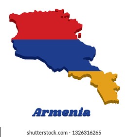 3D Map outline and flag of Armenia, a horizontal tricolor of red, blue, and orange. with text Armenia.