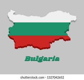 3D Map outline and flag of Bulgaria,  a horizontal tricolor of white, green and red. with name text Bulgaria.