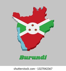 3D Map outline and flag of Burundi, A white diagonal cross divided into four panels of red and green and three star in the white disk in the center. with text Burundi.