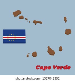 3D Map outline and flag of Cape Verde, horizontal bands of blue white and red with the circle of ten star. with text Cape Verde.