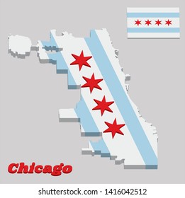 3D map outline and flag of Chicago, the city of Chicago is the most populous city in Illinois, United States of America. with name text Chicago.