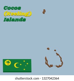 3D Map outline and flag of Cocos (Keeling) Islands. Green, with a palm tree on a gold disc, a gold crescent in the centre and a gold southern cross in the fly. with text Cocos (Keeling) Islands.