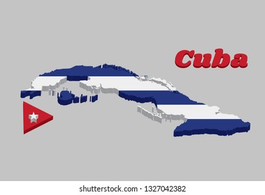 3D Map outline and flag of Cuba, Five horizontal stripes of blue and white with the red equilateral triangle based on the hoist-side bearing the white star in the center. with text Cuba.