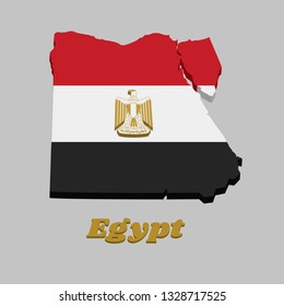 3D Map outline and flag of Egypt,  horizontally divided red white black with the Egyptian eagle of Saladin. with text Egypt.