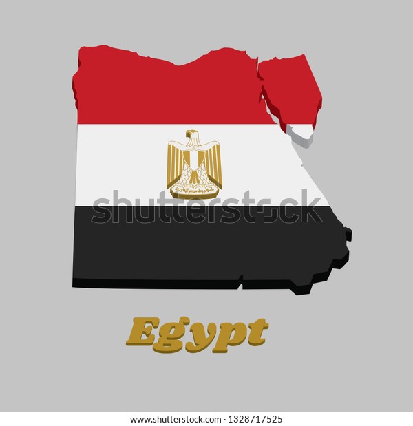 3D Map outline and flag of Egypt,  horizontally\
divided red white black with the Egyptian eagle of Saladin. with\
text Egypt.