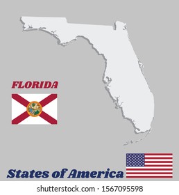 3D Map outline and flag of Florida. It is a red saltire on a white background, with the state seal superimposed on the center, the states of America and USA flag.