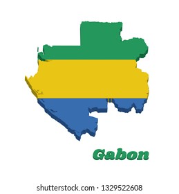 3D Map outline and flag of Gabon, A horizontal triband of green, gold and blue. with name text Gabon.