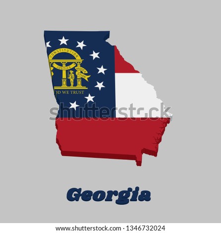 3D Map outline and flag of Georgia, Three stripes consisting of red white red. A blue canton containing a ring of 13 stars encompassing the coat of arms in gold. With text Georgia.