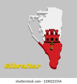 3D Map outline and flag of Gibraltar. White with a red stripe with three towered, Each tower has a door and a window and hangs a gold key. with text Gibraltar.
