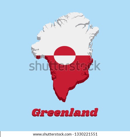 3D Map outline and flag of Greenland, A horizontal bicolor of white and red, with a counterchanged disk slightly off-centre towards the hoist, with text Greenland.