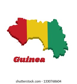 3D Map outline and flag of Guinea, A vertical tricolor of red yellow and green. with name text Guinea.