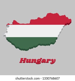 3D Map outline and flag of Hungary, a horizontal tricolor of red white and green. with name text Hungary.
