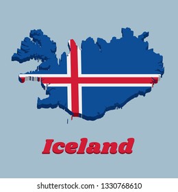 3D Map outline and flag of Iceland, it is blue as the sky with a snow-white cross, and a fiery-red cross inside the white cross, with text Iceland.