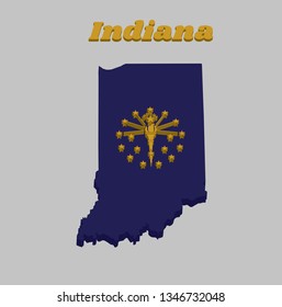 3D Map Outline And Flag Of Indiana, A Gold Torch Surrounded By An Outer Circle Of Thirteen Stars, An Inner Semi Circle Of Five Stars, Crowned By The Word 'Indiana'. With Text Indiana.