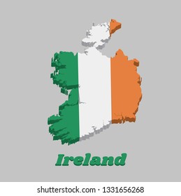 Diseño de mapas 3D y bandera de Irlanda, tricolor vertical de color verde blanco y naranja. con el nombre de Irlanda. 