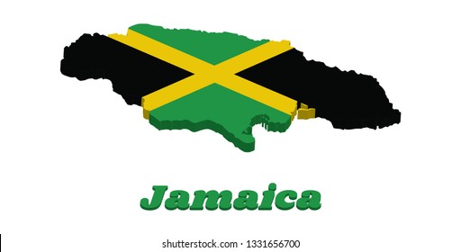 3D Map outline and flag of Jamaica, A gold diagonal cross divides the field into four triangles of green and black. with name text Jamaica.