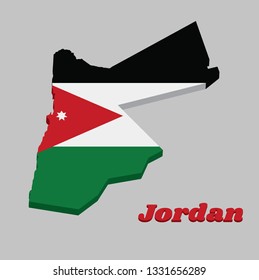 3D Map outline and flag of Jordan, a horizontal triband of black white and green; with a red chevron based on the hoist side containing a white star. with text Jordan.