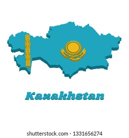 3D Map outline and flag of Kazakhstan, A gold sun above eagle on blue field. The hoist side displays a national ornamental pattern "the horns of the ram” in gold. with text Kazakhstan.