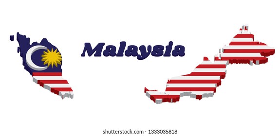 3D Map outline and flag of Malaysian in blue red white and yellow color with yellow star and white Crescent moon with name text Malaysia.