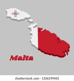 3D Map outline and flag of Malta, a vertical bicolor of white and red with the representation of the George Cross edged. with name text Malta.
