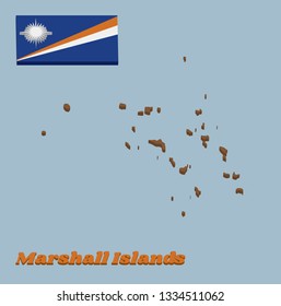 3D Map outline and flag of Marshall. A blue field with two diagonal stripes of orange and white and the large white star. with name text Marshall Islands.