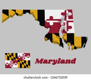 3D Map Outline And Flag Of Maryland, Heraldic Banner Of George Calvert, 1st Baron Baltimore. With Text Maryland.