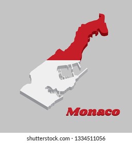 3D Map outline and flag of Monaco, two equal horizontal bands, red (top) and white (bottom). with name text Monaco.