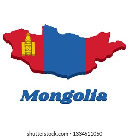 3D Map outline and flag of Mongolia, a vertical triband of red and blue with the Soyombo symbol centred on the hoist-side. with name text Mongolia.