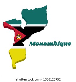 3D Map outline and flag of Mozambique, a horizontal of green black yellow and white with the red triangle bearing the yellow star an AK-47 assault rifle with the bayonet on book.