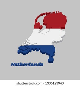 3D Map outline and flag of Nederland, it is a horizontal tricolor of red white and blue. with name text Netherlands.
