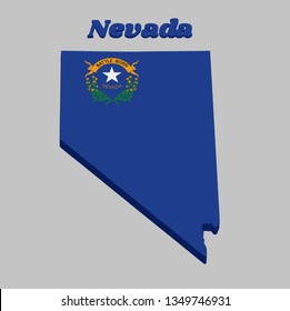 3D Map outline and flag of Nevada, Solid cobalt blue field. The canton contains two sagebrush branches encircling a silver star with the text Nevada and Battle Born. 