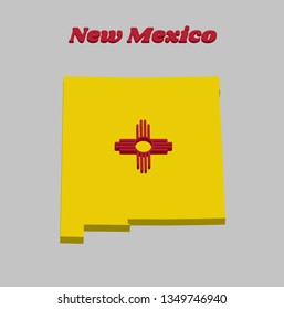 3D Map outline and flag of New Mexico, The red and yellow of old Spain. The ancient Zia Sun symbol in red, in the center of a field of yellow, with text New Mexico.
