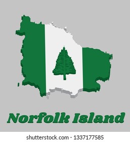 3d Map outline and flag of Norfolk. Norfolk Island Pine in a central white stripe between two green stripes. with name text Norfolk Island.