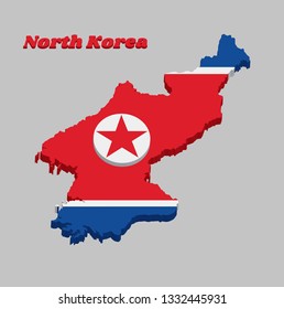 3D Map outline and flag of North Korea, It is a wide red stripe at the center, with white stripe both and blue stripe. The red star in a white circle, with text North Korea.