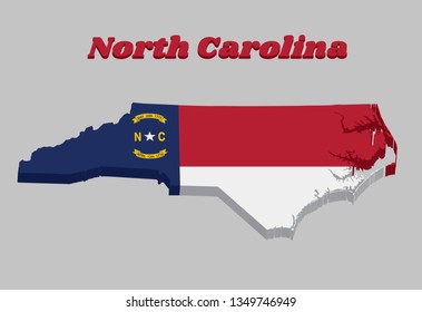 3D Map outline and flag of North Carolina, A blue union, a white star with N and C, the circle containing the same to be one-third the width of the union, with text North Carolina.