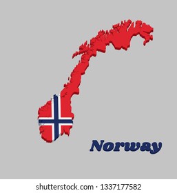 3d Map outline and flag of Norway, a white-fimbriated blue Nordic cross on a red field, with name text Norway.