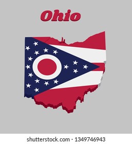 3D Map outline and flag of Ohio, Guidon consisting of 5 horizontal stripes alternating between red and white. The chevron is azure containing a white and red "O" and stars, with text Ohio.