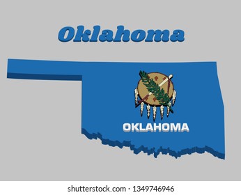 3D Map outline and flag of Oklahoma, Buffalo-skin shield with seven eagle feathers on a sky blue field, with text Oklahoma.