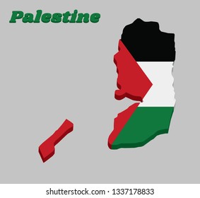 3d Map outline and flag of Palestine, a horizontal tricolor of black white and green; with a red triangle based at the hoist, and text Palestine.